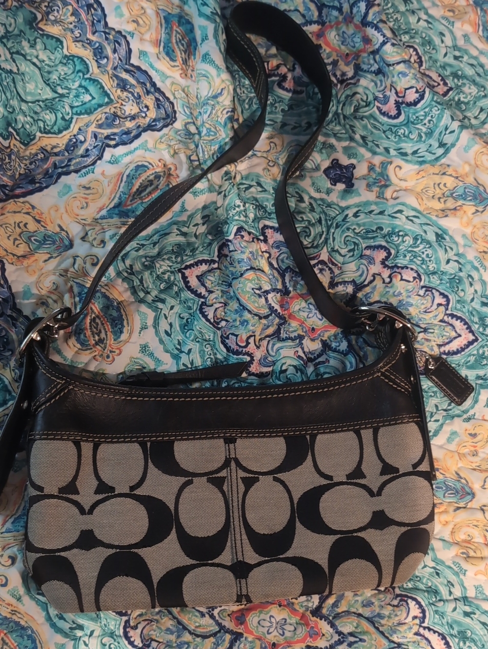 Coach Black and Gray Signature Canvas Shoulder Bag